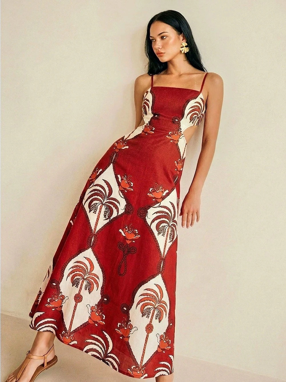 NWT Commense Tropical Print Cut-Out Cami Maxi Dress Size Small